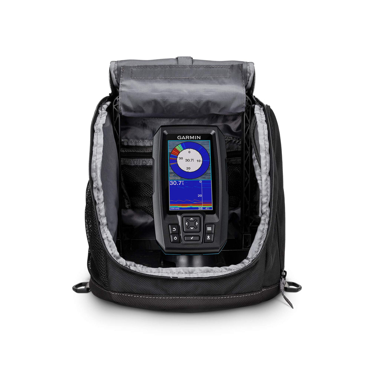 Garmin Striker Plus 4 ice bundle display with GPS and hotspot navigation.