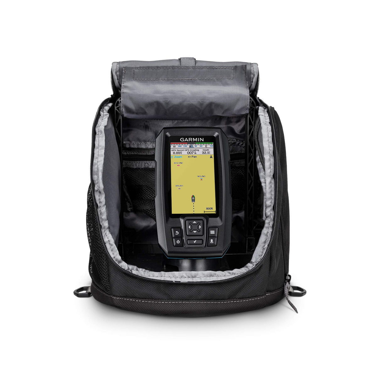 Garmin Striker Plus 4 portable carrying case keeps ice gear organized.