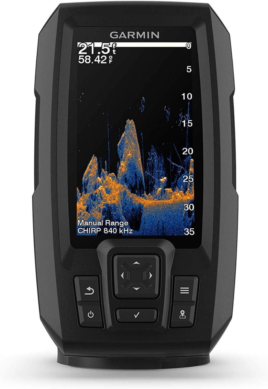 Garmin Striker Vivid 4cv with transducer showing CHIRP sonar for precise fish targeting