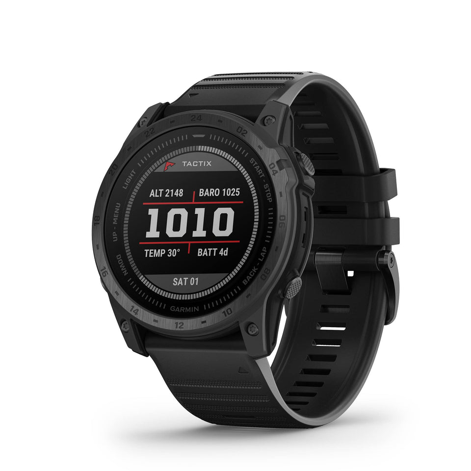 Garmin tactix 7 front view highlighting rugged titanium bezel for tough environments