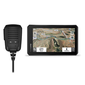 Garmin Tread group ride radio with push-to-talk enhances rider communication.