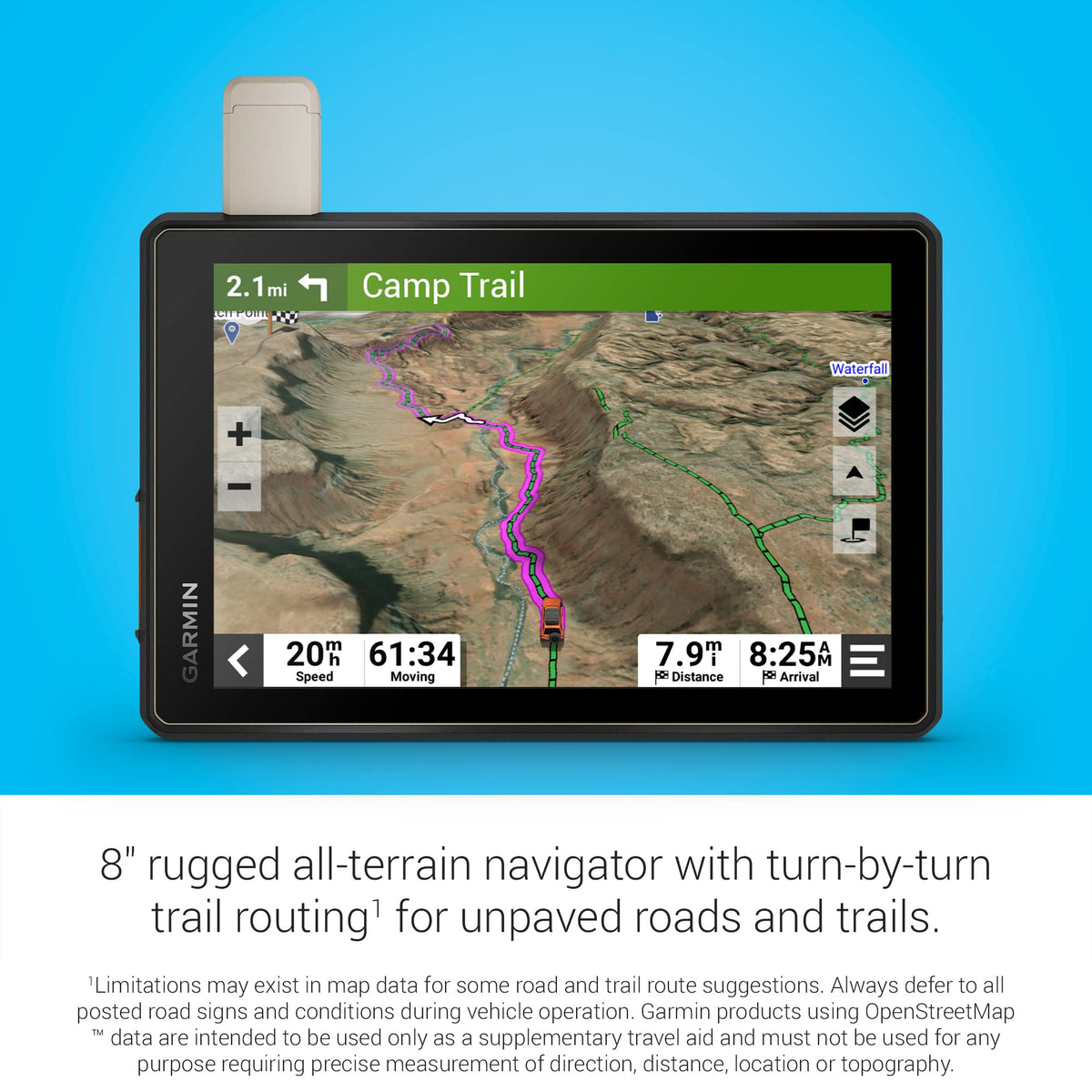 Garmin Tread Overland turn-by-turn navigation on unpaved trails for confident routing.