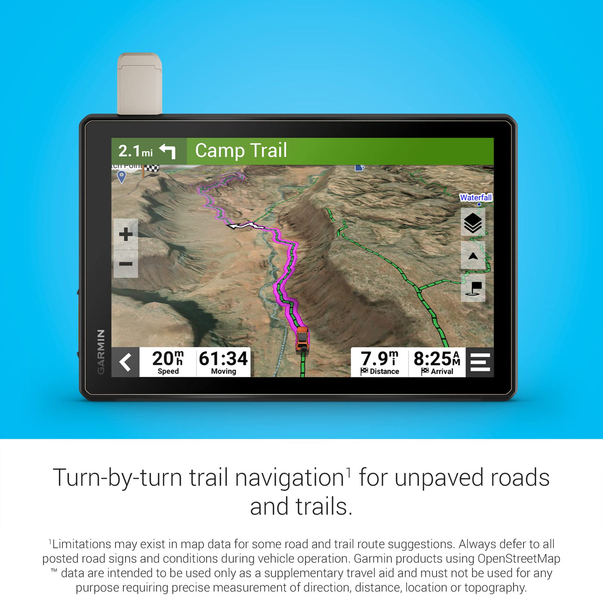 Garmin Tread XL preloaded topographic maps with 3D terrain for planning.