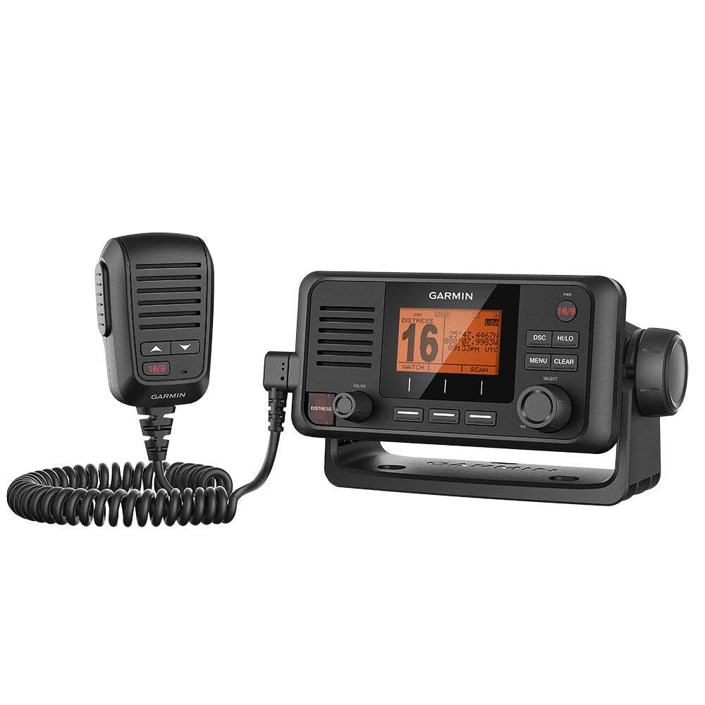Garmin VHF 115 marine radio front view for clear onboard communication