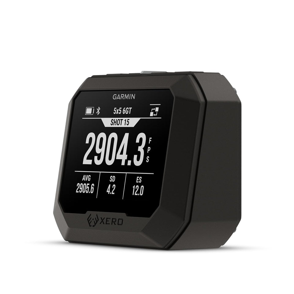Garmin Xero C2 downrange setup captures rapid velocity data for multiple firearms.