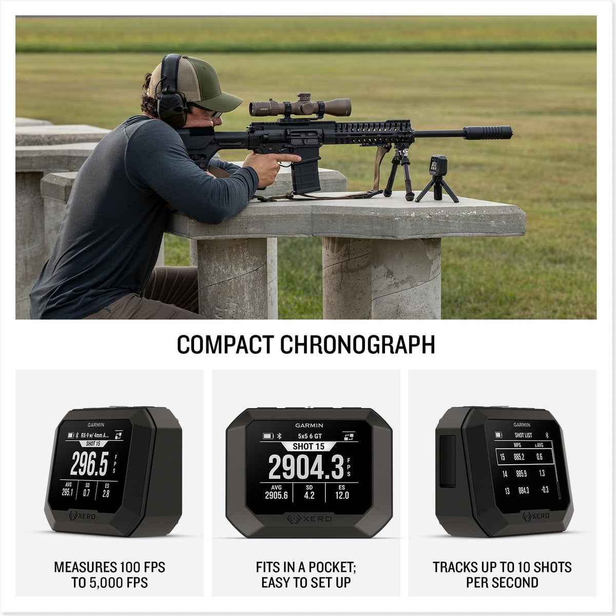 Garmin Xero C2 rapid fire data view showing FPS tracking up to 10 shots per second.