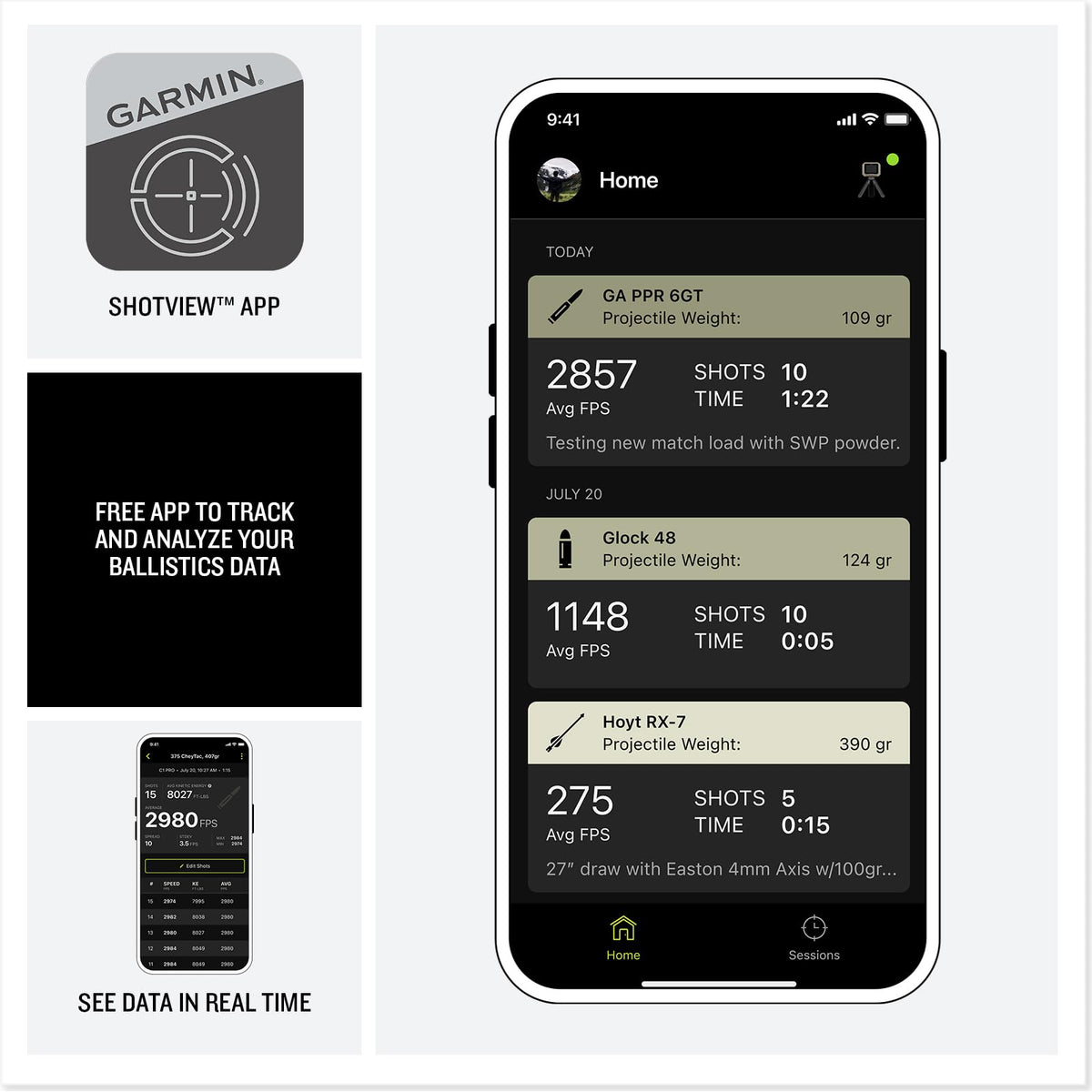 Garmin Xero C2 ShotView app interface for recording results and deviations.