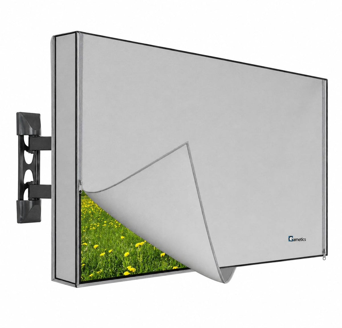 Garnetics front view of 50-inch cover on outdoor TV showing weatherproof protection and neat fit