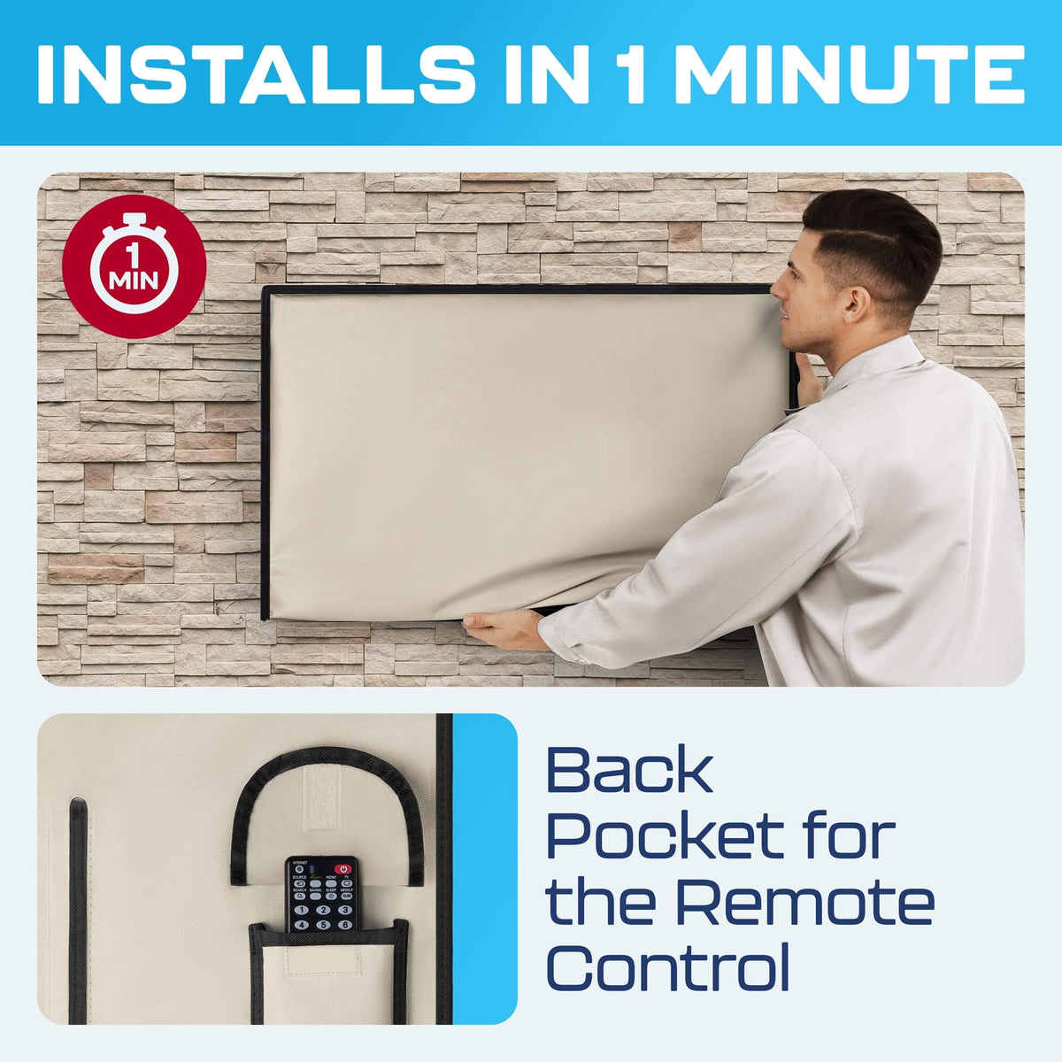 Garnetics beige outdoor TV cover mounted on a wall for outdoor use.