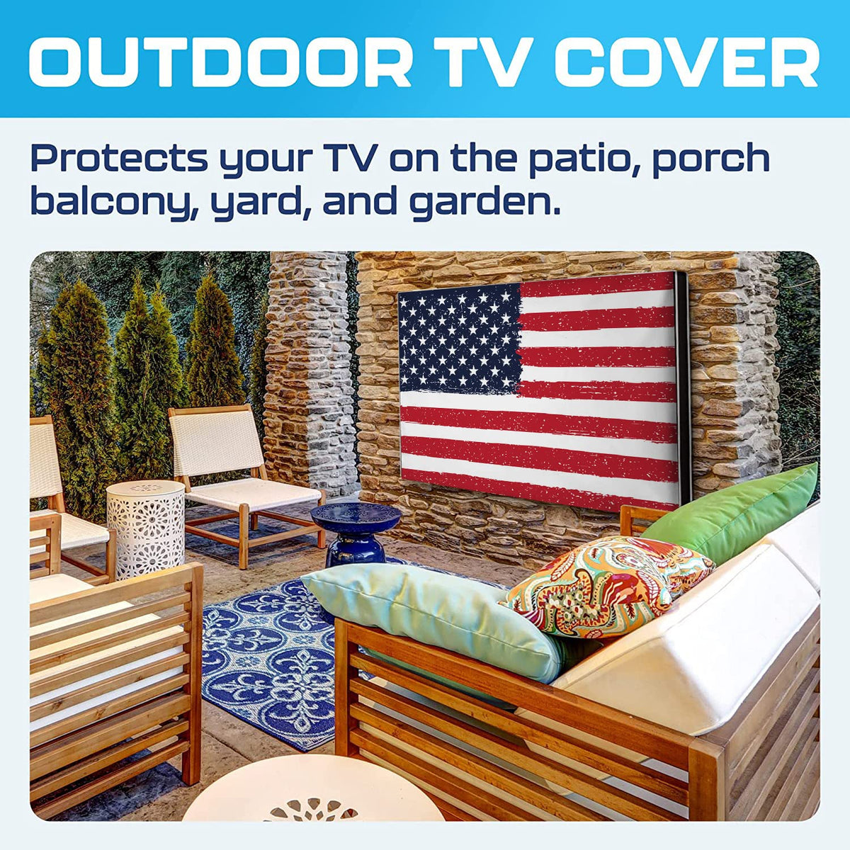 Garnetics cover on mounted TV demonstrating outdoor use and element protection