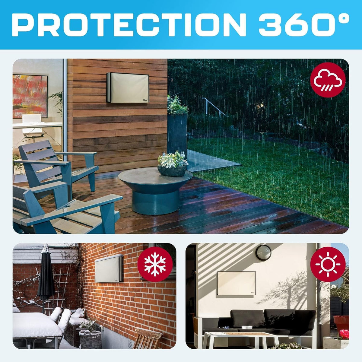 Garnetics mounted TV protector on patio illustrating outdoor weatherproofing benefit