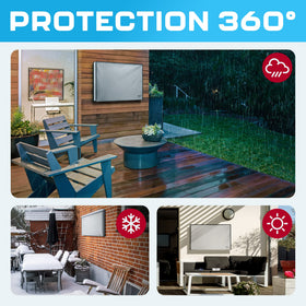 Garnetics outdoor TV on patio with cover giving all-weather protection