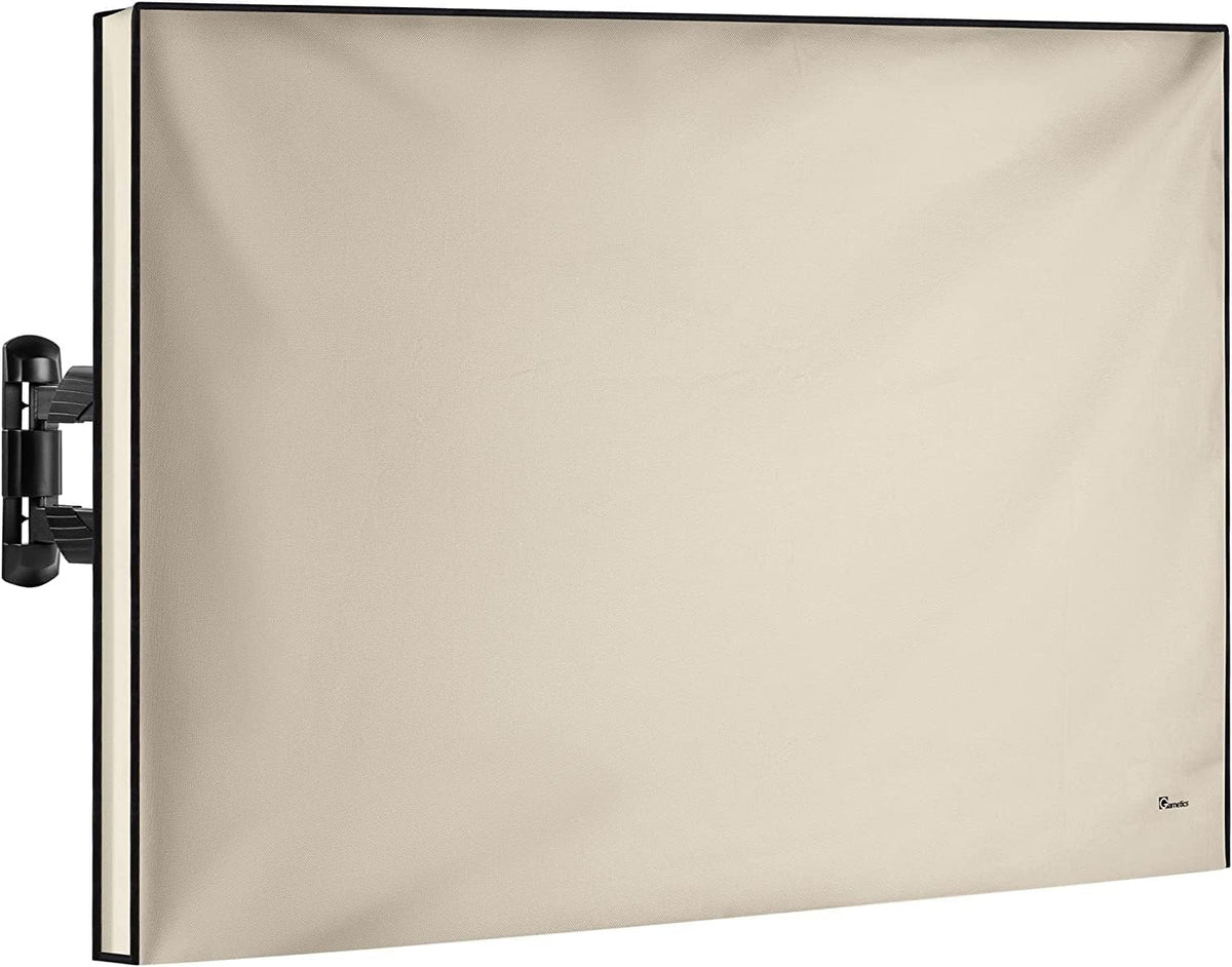 Garnetics outdoor TV cover 24inch on a mount provides weatherproof protection.
