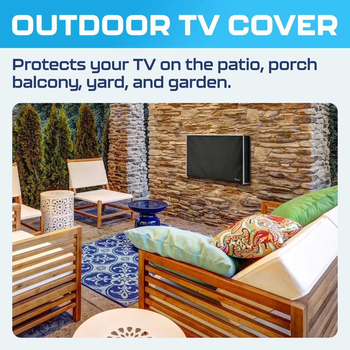 Garnetics Outdoor TV Cover shows rugged Oxford 600D fabric with PVC interior for durability.