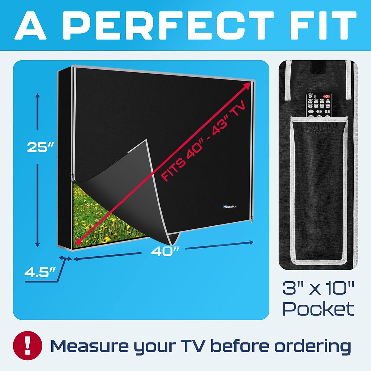 Garnetics side profile on mounted TV illustrating secure fit and coverage