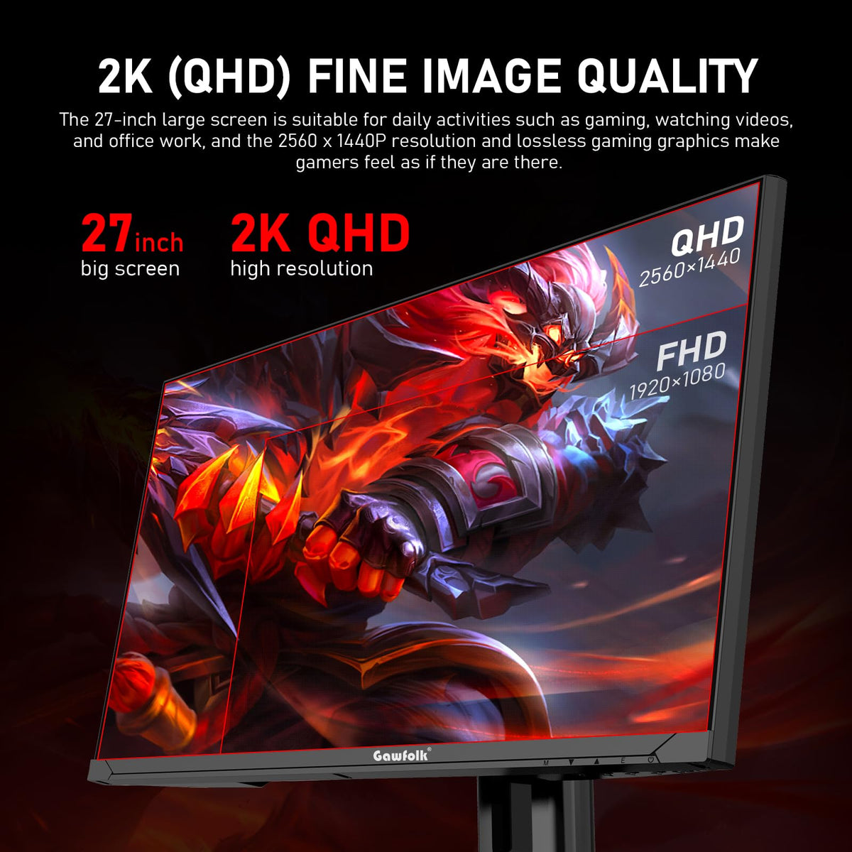 Gawfolk 27-inch 2K QHD monitor showing 180Hz refresh for smooth motion.