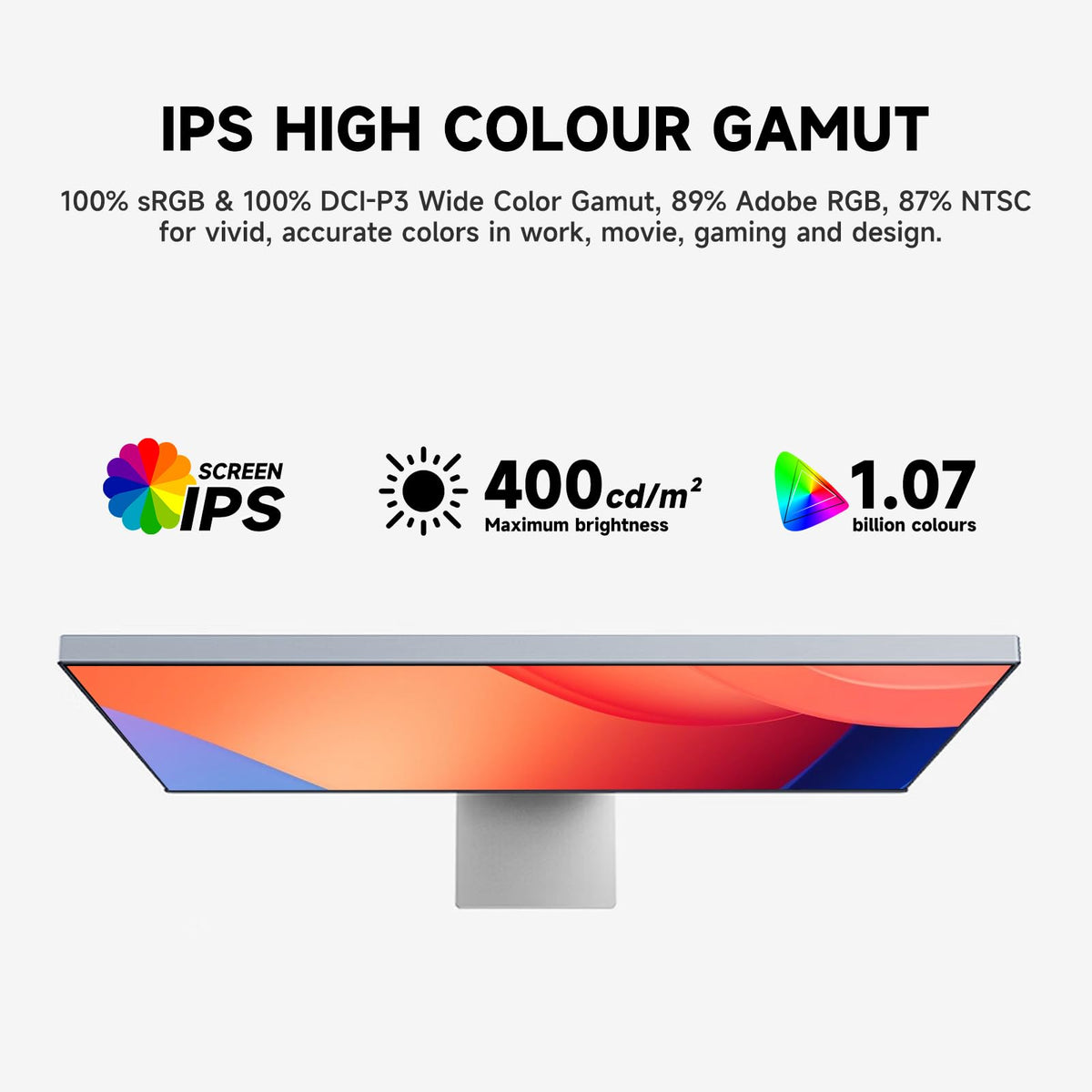 Gawfolk 27-inch monitor color coverage illustrates 100% DCI-P3 and 89% Adobe RGB.