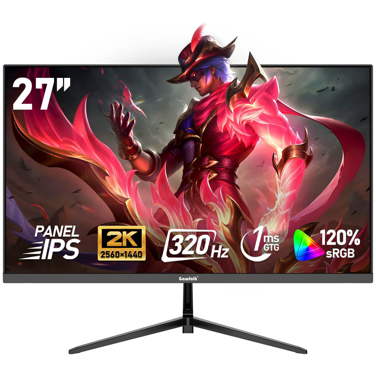 Gawfolk 27 inch IPS monitor front view showing sharp 2K visuals for immersive gaming and work
