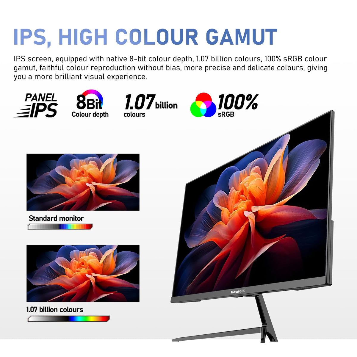 Gawfolk 27-inch IPS monitor color demo illustrating 100% sRGB accuracy