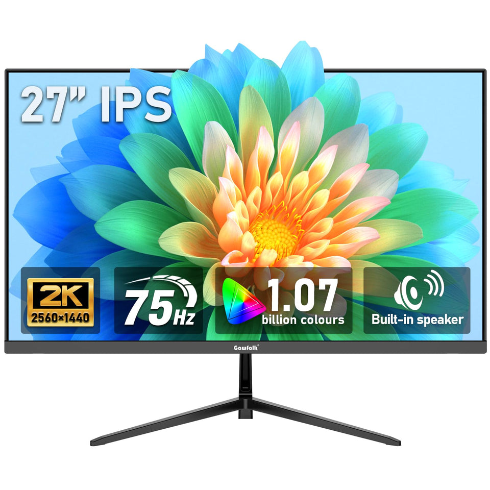 Gawfolk 27-inch IPS monitor front view showing crisp 2K visuals for productivity