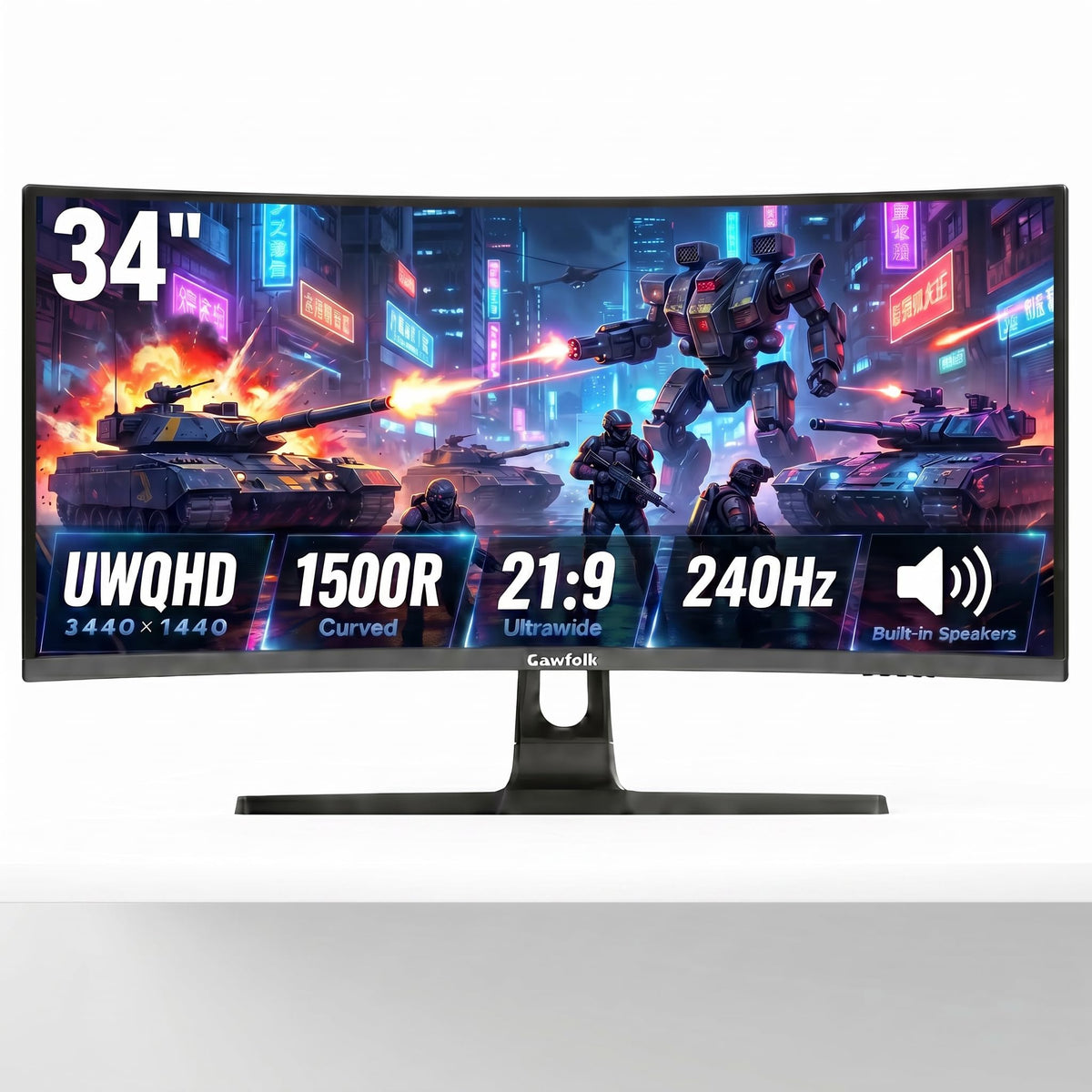 Gawfolk 34-inch ultrawide curved monitor front view for immersive gaming and work