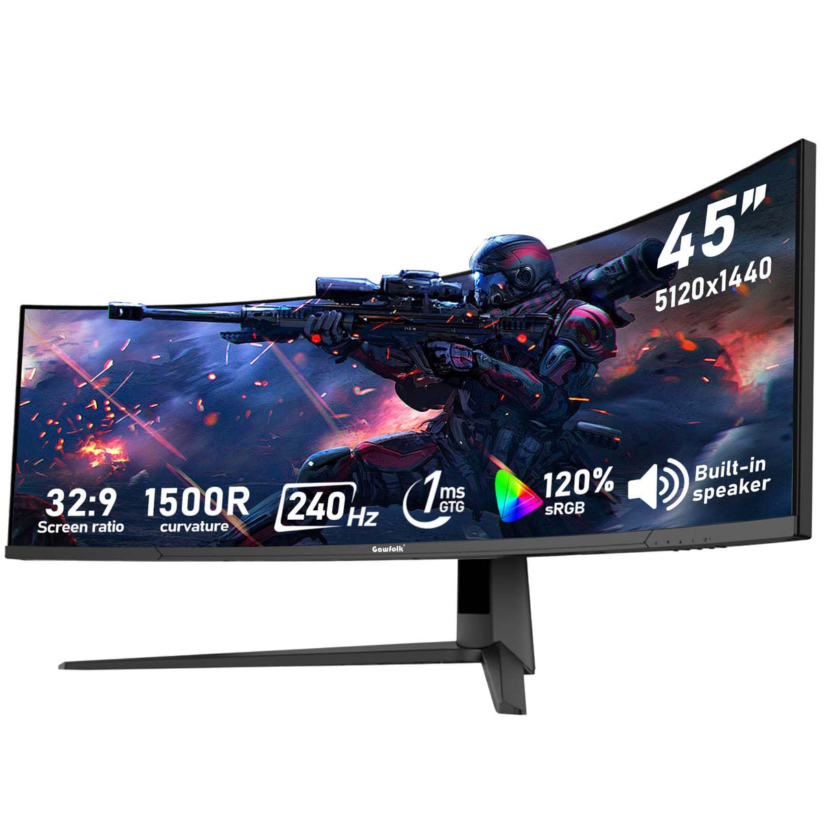 Gawfolk 45 inch ultra-wide curved monitor front view for immersive gaming and multitasking.