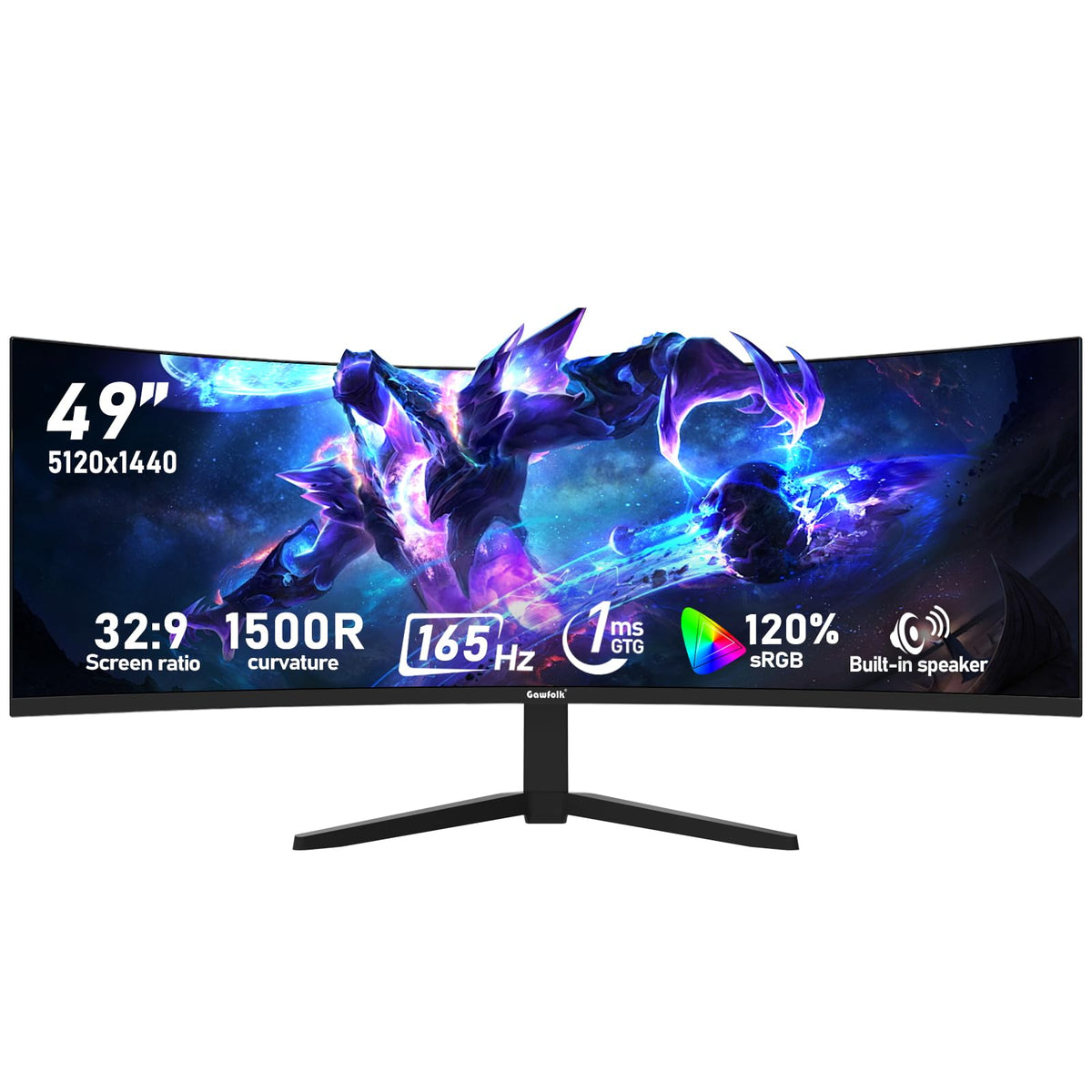 Gawfolk 49-inch curved monitor front view for immersive multitasking.