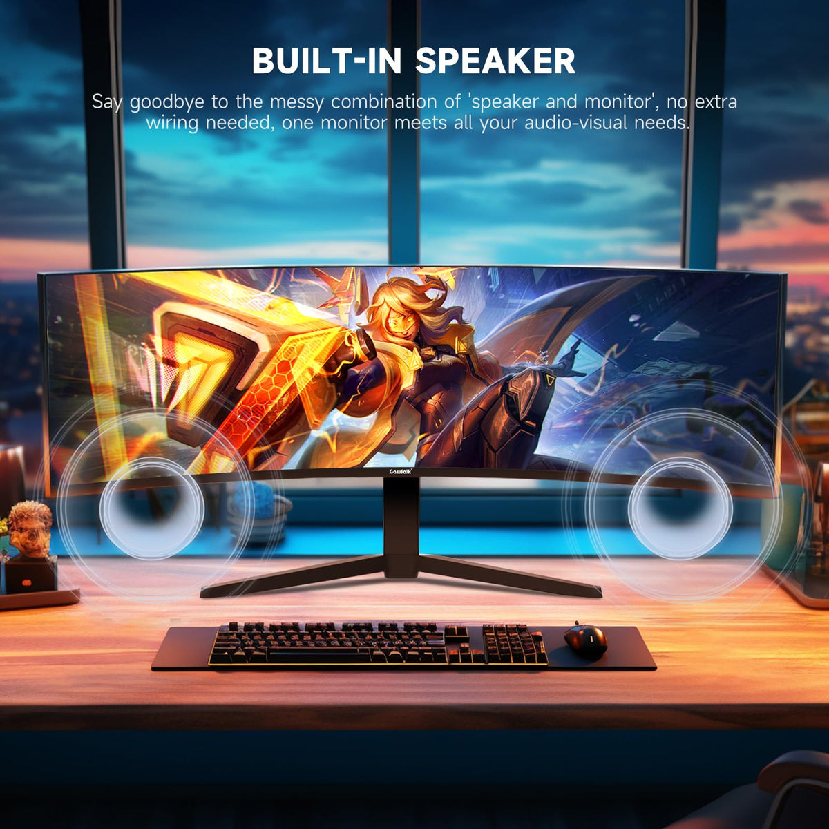 Gawfolk curved screen with 100x100mm wall mount compatibility for flexible setup.