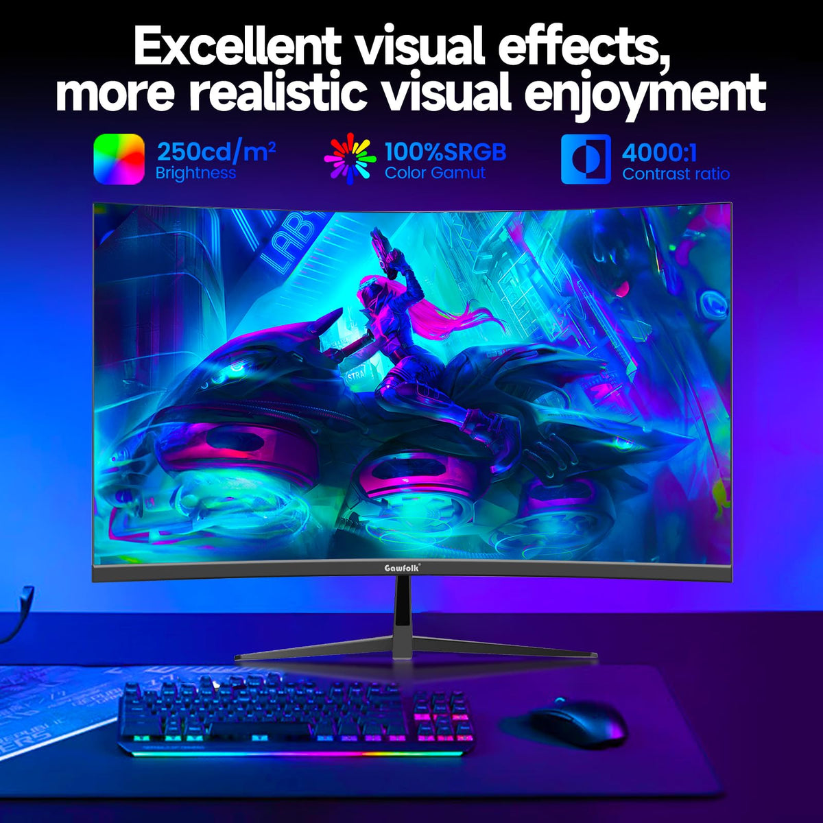 Gawfolk monitor with AMD FreeSync reduces tearing for crisper video playback.