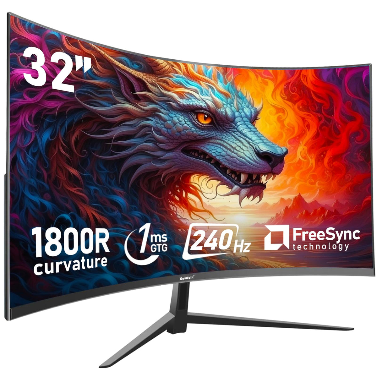 Gawfolk curved 32-inch monitor front view with immersive 1080p colors.