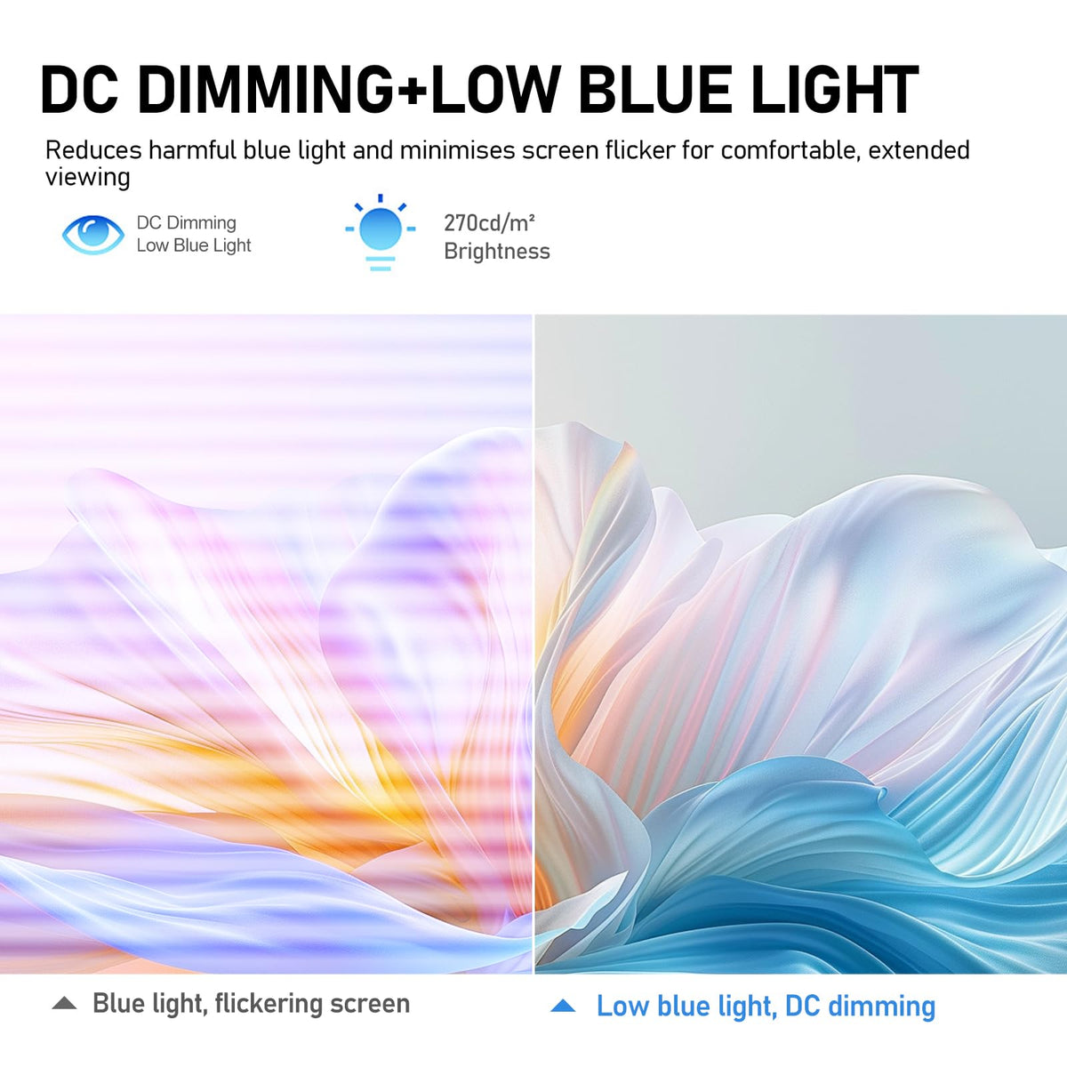 Gawfolk eye-care features reduce blue light and flicker.