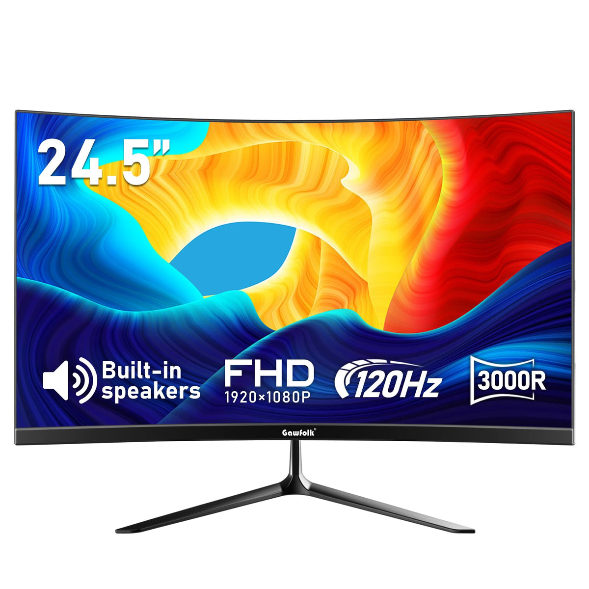 Gawfolk 24.5-inch curved monitor front view for immersive gaming and productivity