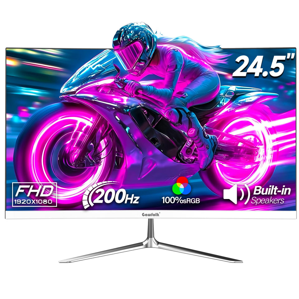Gawfolk gaming monitor 24.5-inch white front view with crisp visuals and immersive gameplay