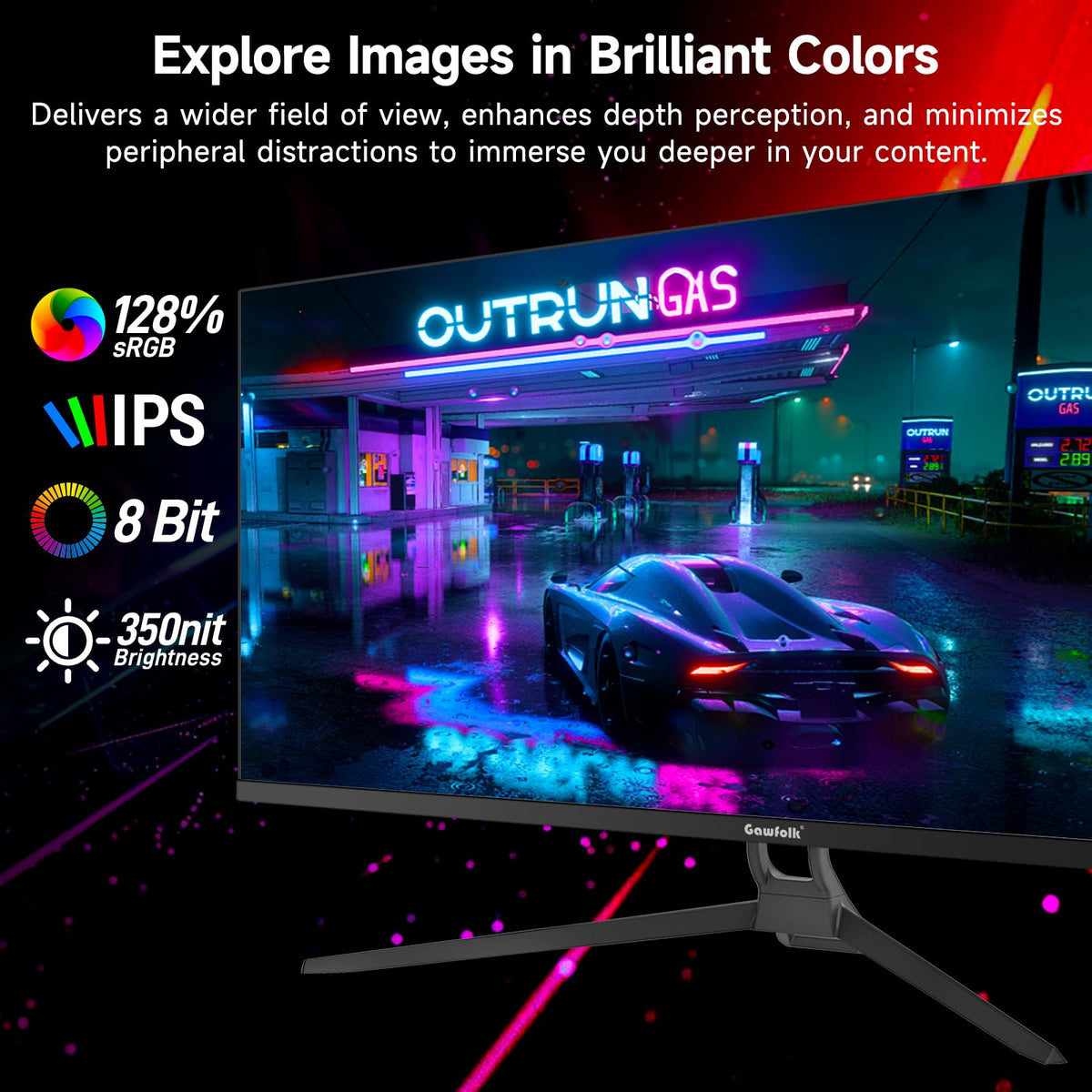 Gawfolk IPS panel with accurate colors for gaming and work.
