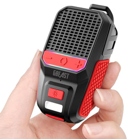 GBEAST wearable clip-on Bluetooth speaker clipped to gear for portable music on the go