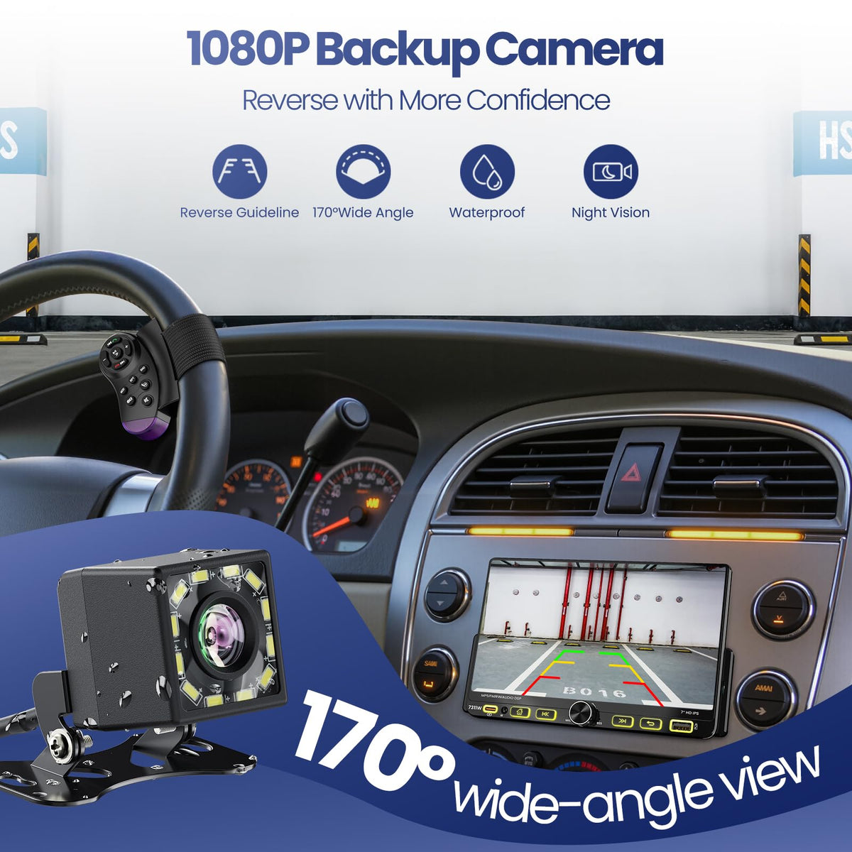 GBEER Steering wheel controls and HD night vision backup camera aid parking