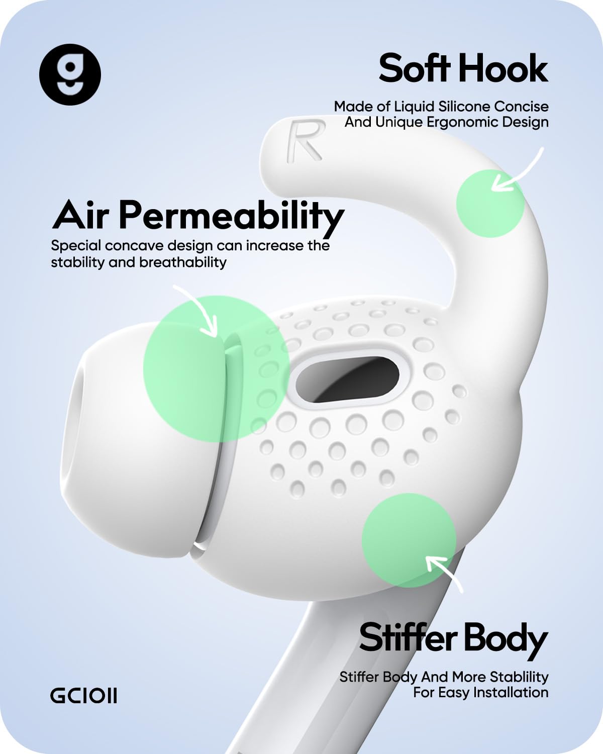 Close-up of Gcioii ergonomic ear hooks designed for secure listening.