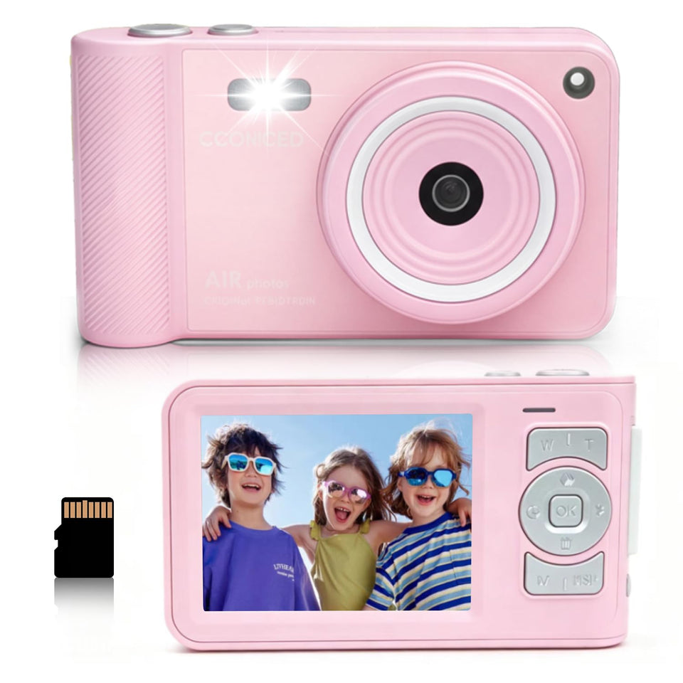 GCORDER pink camera front view showing compact design and quick-start benefit