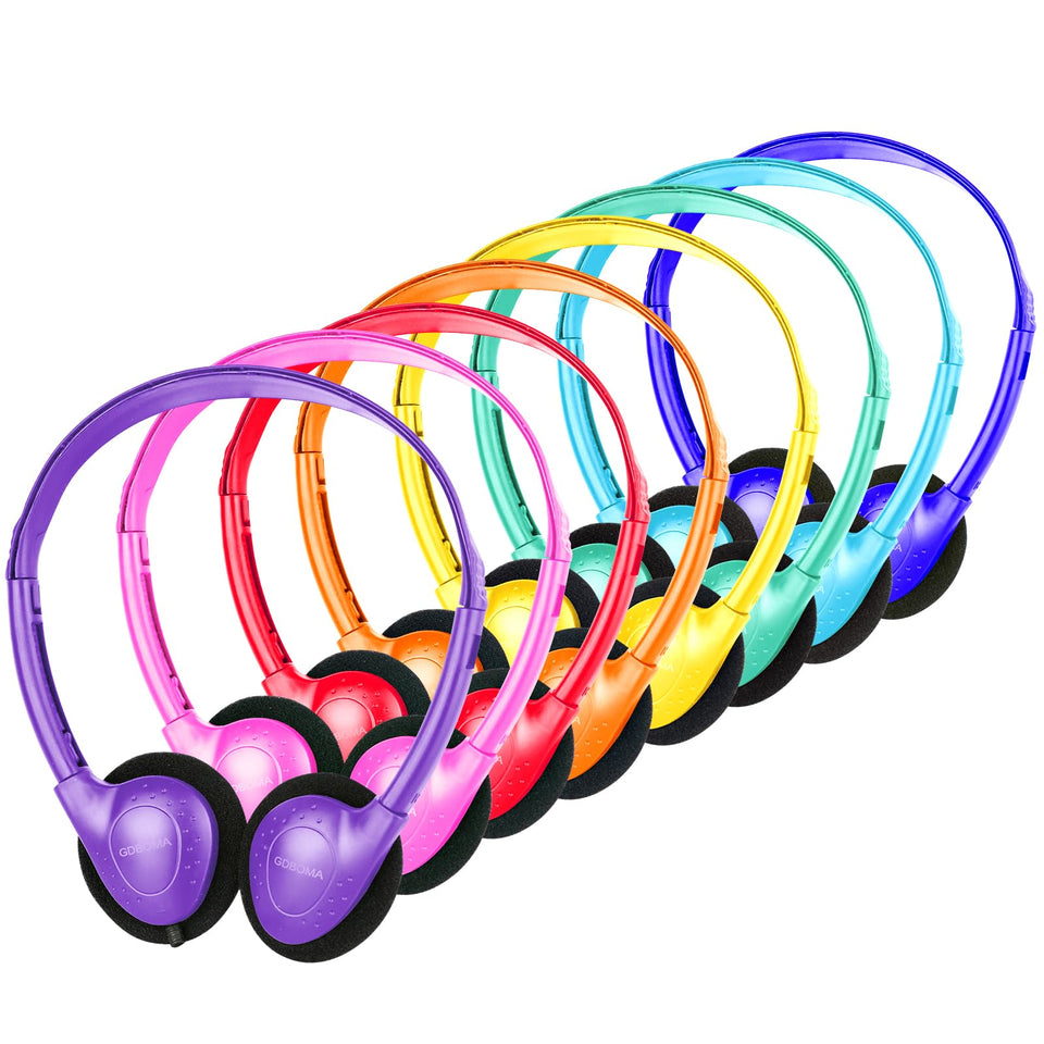 GDBOMA kids headphones bulk twelve-pack in colorful colors, ideal for classrooms.