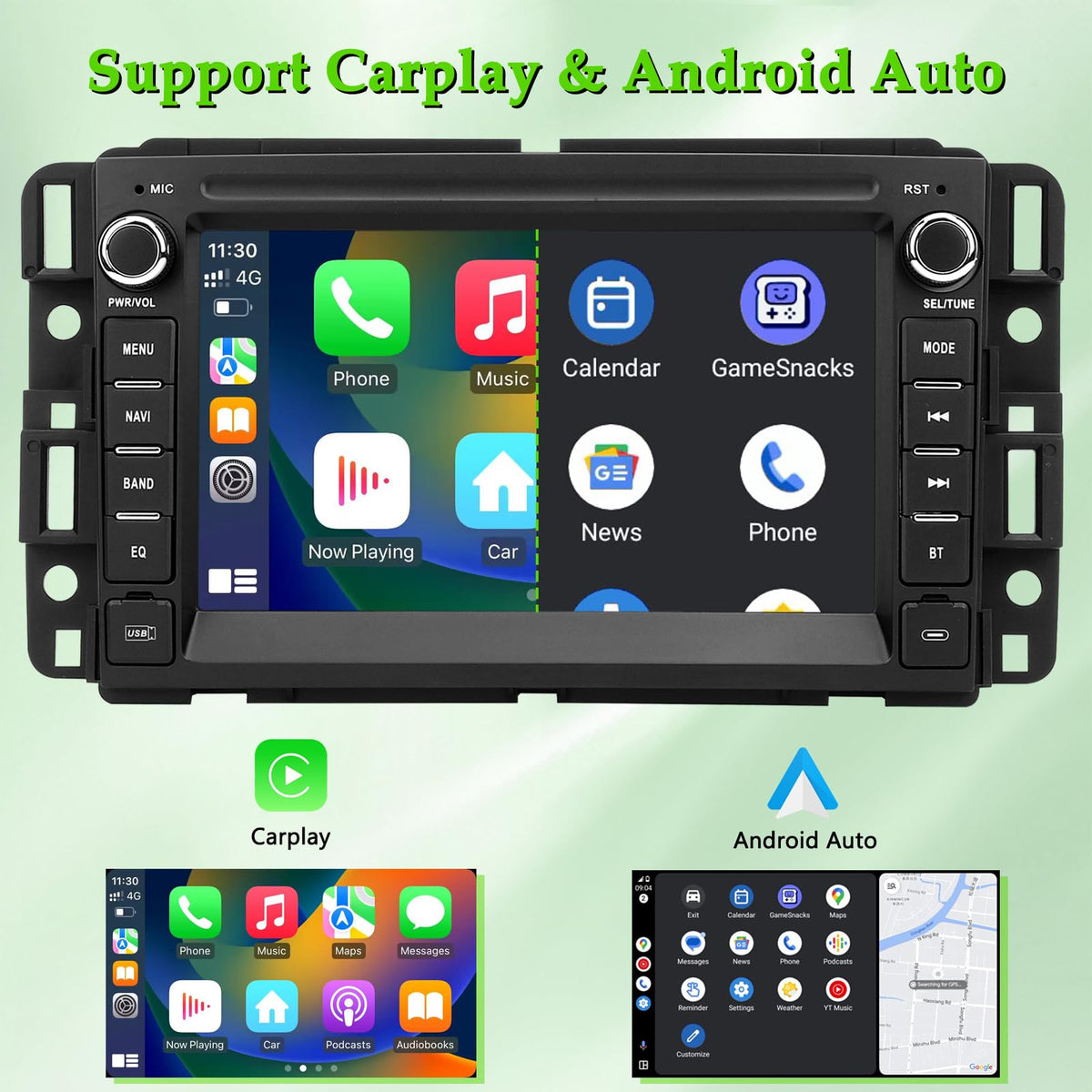 Gdienty CarPlay Android Auto head unit for hands-free calls and navigation.