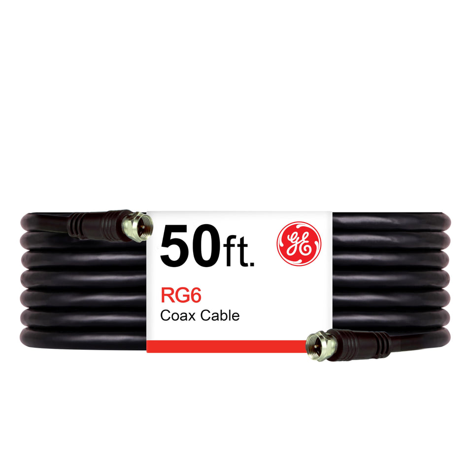 GE coaxial cable front packaging showing product name and length benefit