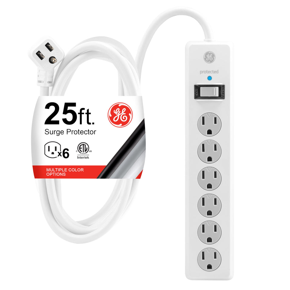 GE 6-outlet surge protector front view showing outlets and LED status light for protection