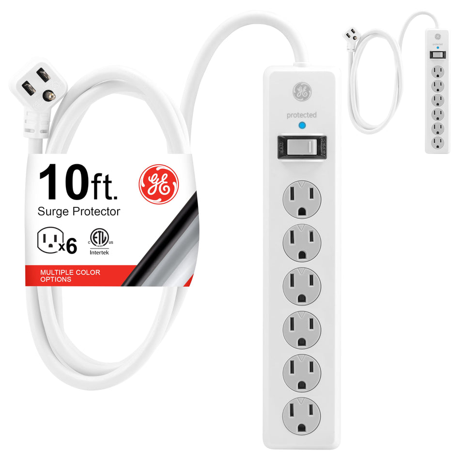 GE 6-outlet surge protector front view showing outlets and cord benefit organization