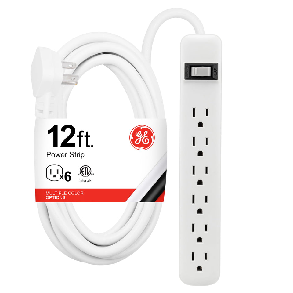 GE six-outlet power strip mounted for organized workspace and easy outlet access.