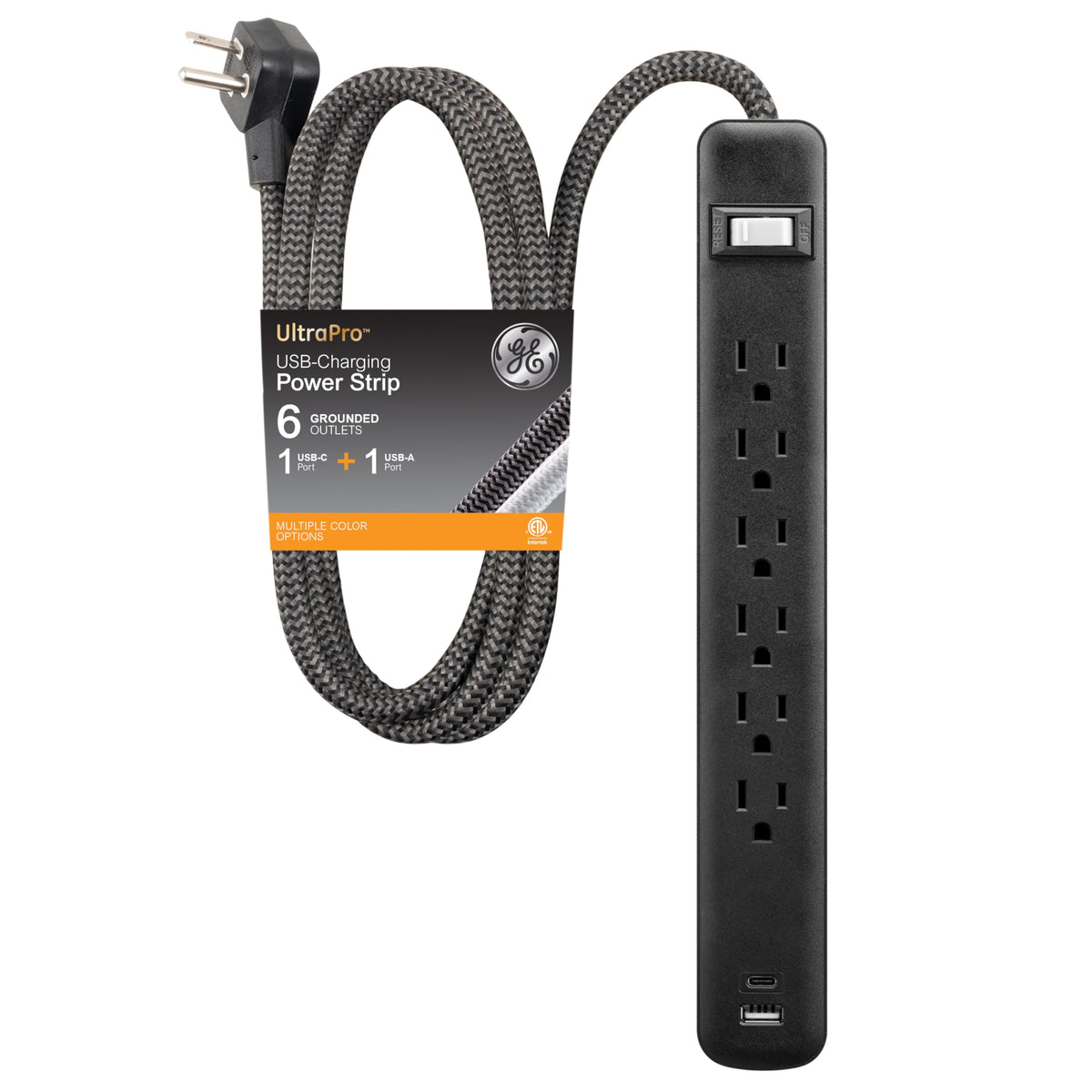 GE 6-outlet power strip front view with USB charging for multiple devices.