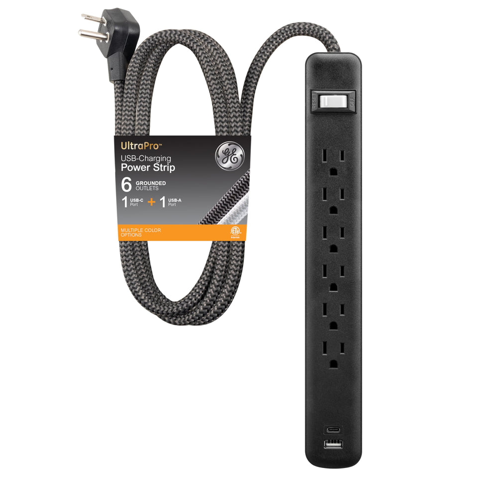 GE 6-outlet power strip front view with USB charging for multiple devices.