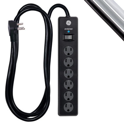 GE 6-outlet surge protector front view showing six outlets for centralized power