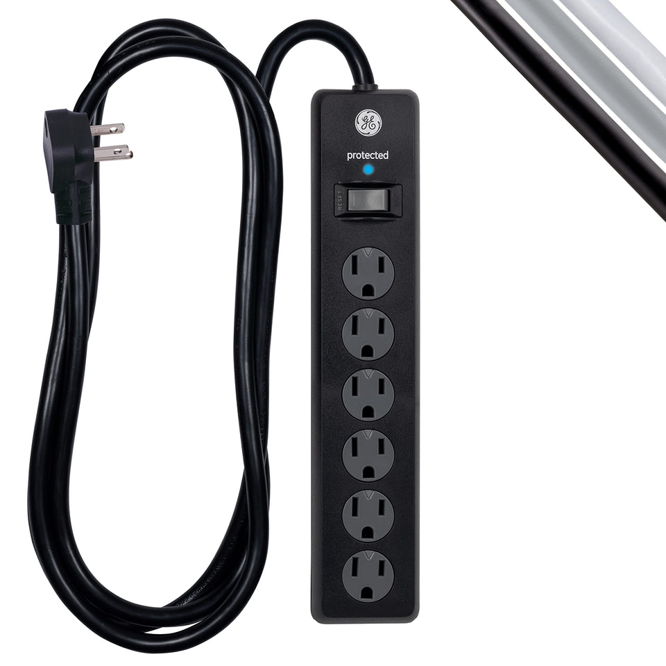 GE 6-outlet surge protector front view showing six outlets for centralized power