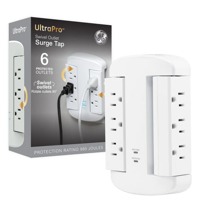 GE 6-outlet swivel surge protector wall tap with six convenient outlets.