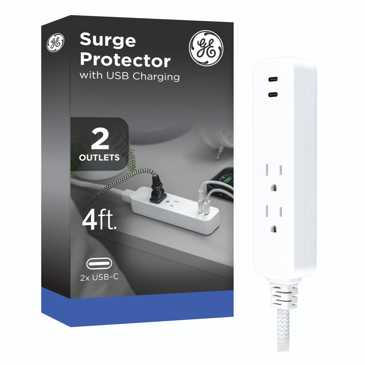 GE 87434 USB-C charging surge protector with two outlets and USB-C ports for devices.